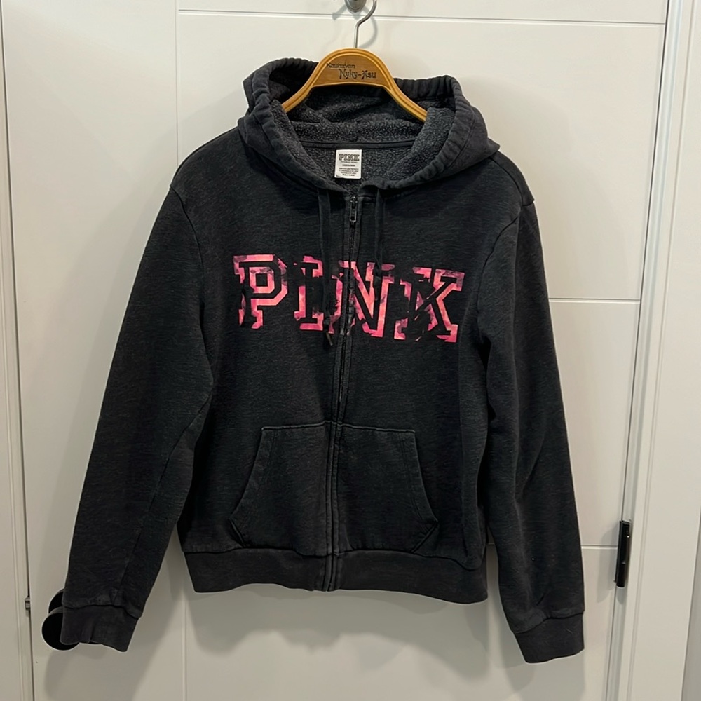 PINK Victoria's Secret Black Zip-Up Hoodie with Pink Logo